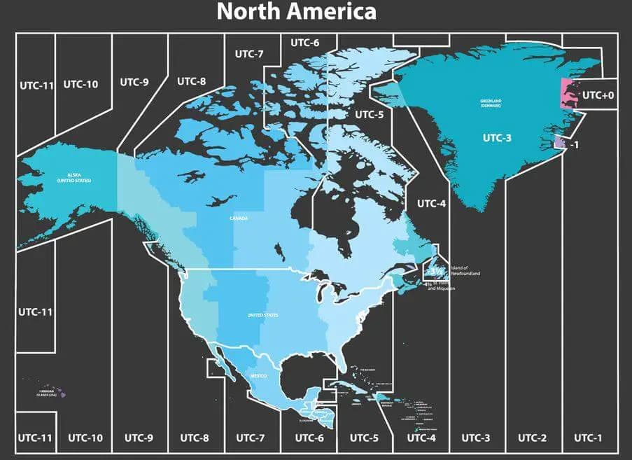 Carte des fuseaux horaires de l’Amerique du nord - Décalage horaire de l’Amerique du nord