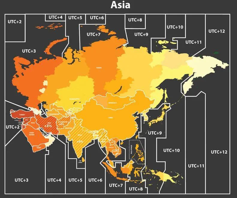 Carte des fuseaux horaires de l’Asie - Décalage horaire de l’Asie