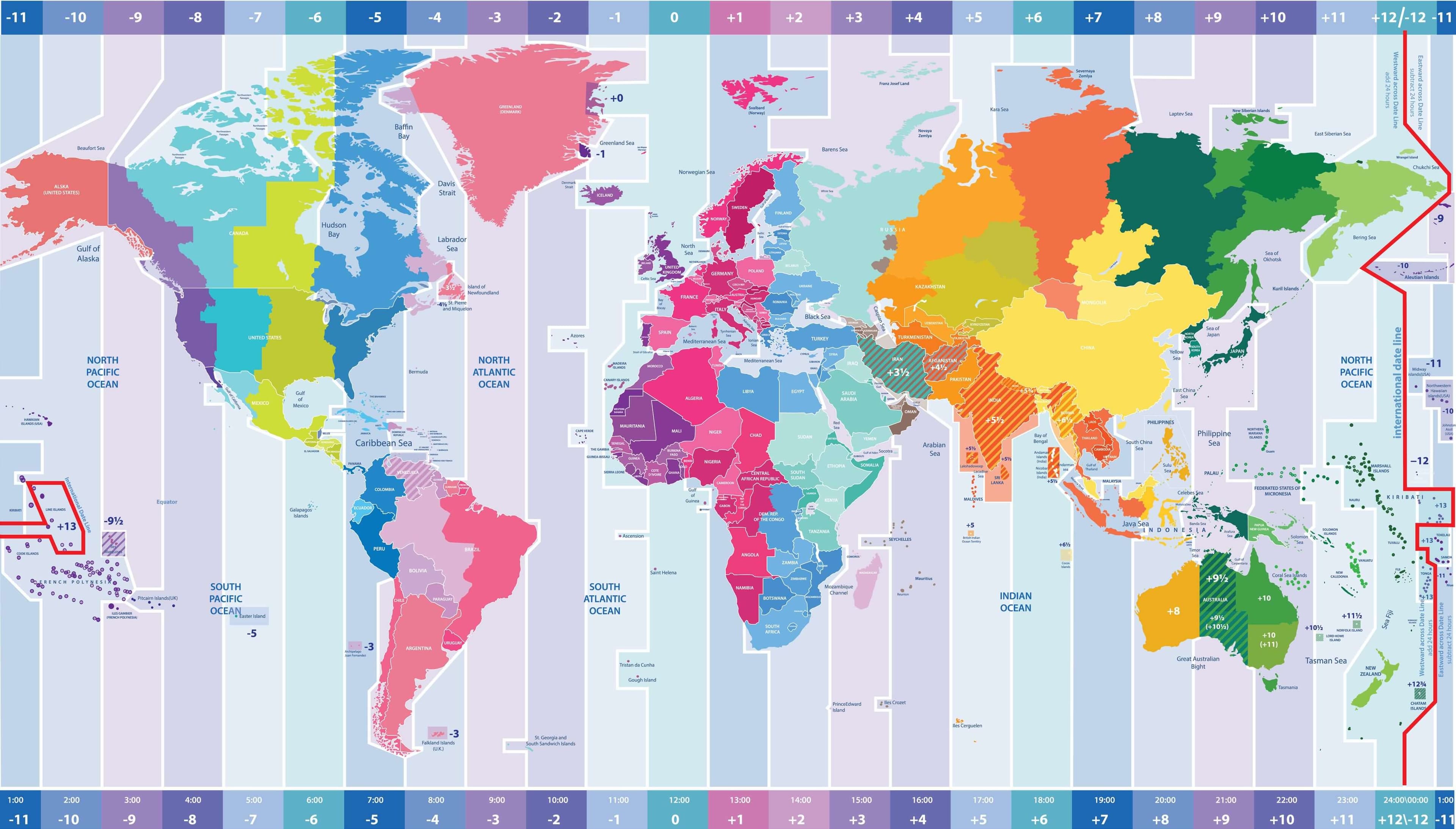 Carte des fuseaux horaires du monde - Décalage horaire du monde